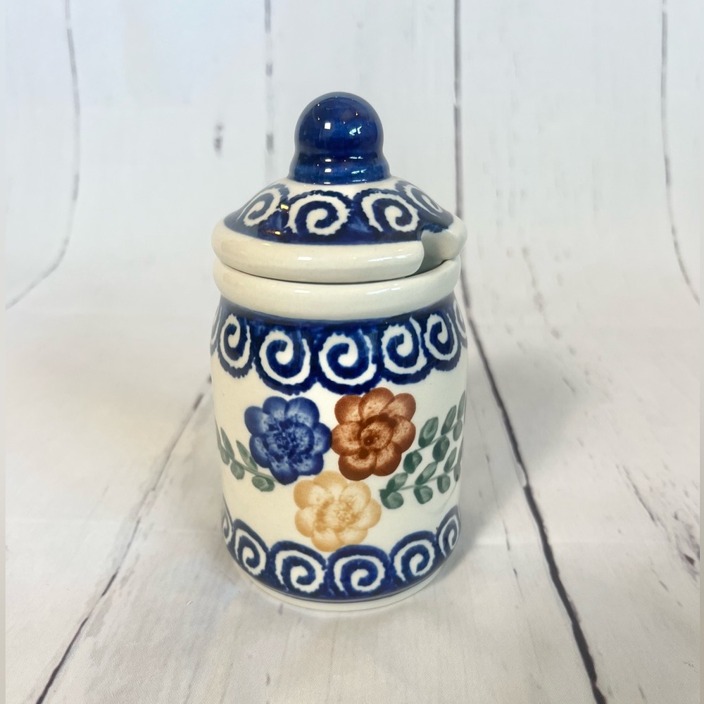 Handmade Boleslawiec Polish Pottery Honey Pot Floral Trio Lidded Jar 6.5"